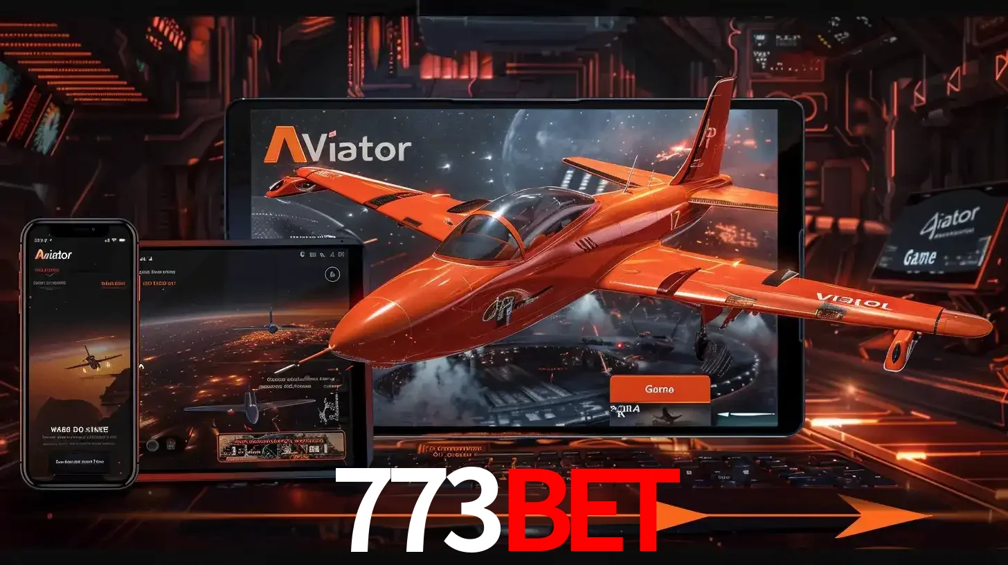 Apresentação tecnológica do jogo Aviator com um avião saindo da tela de um tablet, demonstrando a experiência imersiva em múltiplos dispositivos no 773bet.