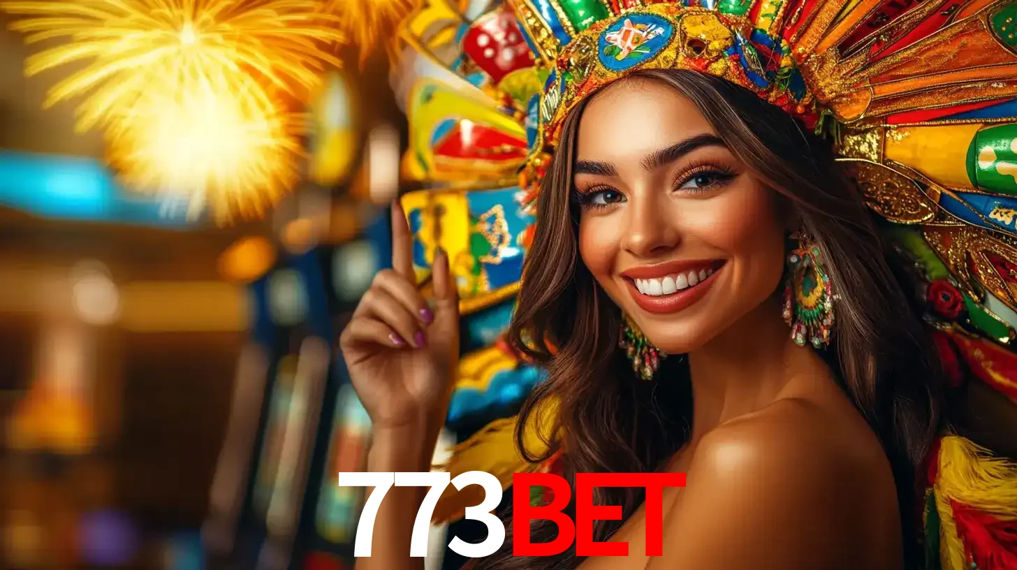 Mulher sorridente com um cocar de carnaval vibrante e colorido, celebrando uma grande vitória nos jogos do cassino 773bet com fogos de artifício ao fundo.