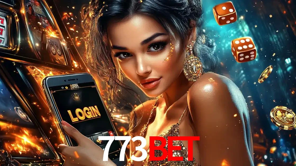 Mulher glamourosa segurando um celular com a tela de login do cassino 773bet, rodeada por dados e moedas douradas, pronta para começar a diversão.
