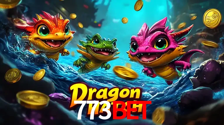 Arte promocional do jogo Dragon Hatch com três adoráveis dragões bebês nadando entre moedas de ouro, um dos slots mais divertidos para jogar no cassino 773bet.