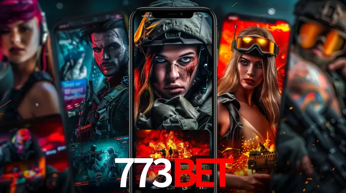 Montagem de telas de celular mostrando diversos personagens, masculinos e femininos, de um jogo de tiro, ilustrando a diversidade de equipes de e-sports para apostar no 773bet.