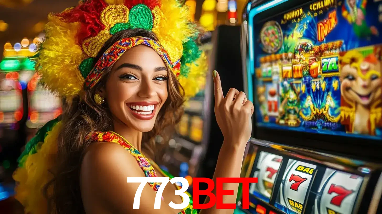 Mulher animada com um cocar de carnaval apontando para uma máquina de caça-níqueis, mostrando a emoção de ganhar um grande prêmio nos jogos do 773bet.