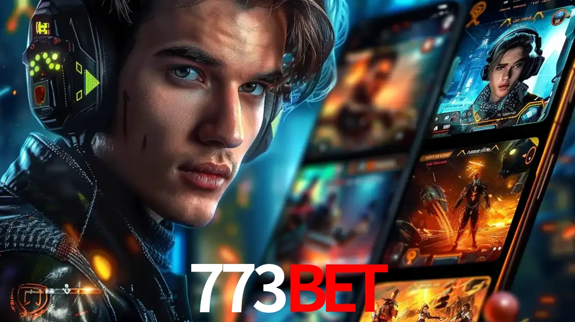 Jovem jogador com fones de ouvido olhando para a câmera, com um aplicativo de jogos e e-sports para celular ao fundo, pronto para a competição e apostas no 773bet.