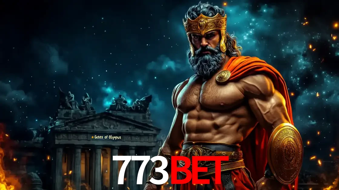 O poderoso Zeus do jogo de slot Gates of Olympus em frente ao seu templo, pronto para lançar multiplicadores divinos e prêmios épicos no cassino online 773bet.