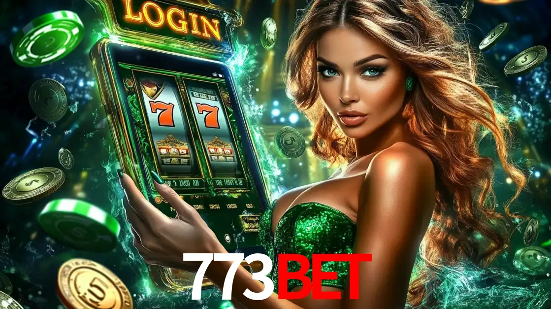 Mulher com tema verde apresentando o aplicativo do cassino 773bet com um jogo de slot de 777, cercada por fichas de cassino e uma aura de sorte.