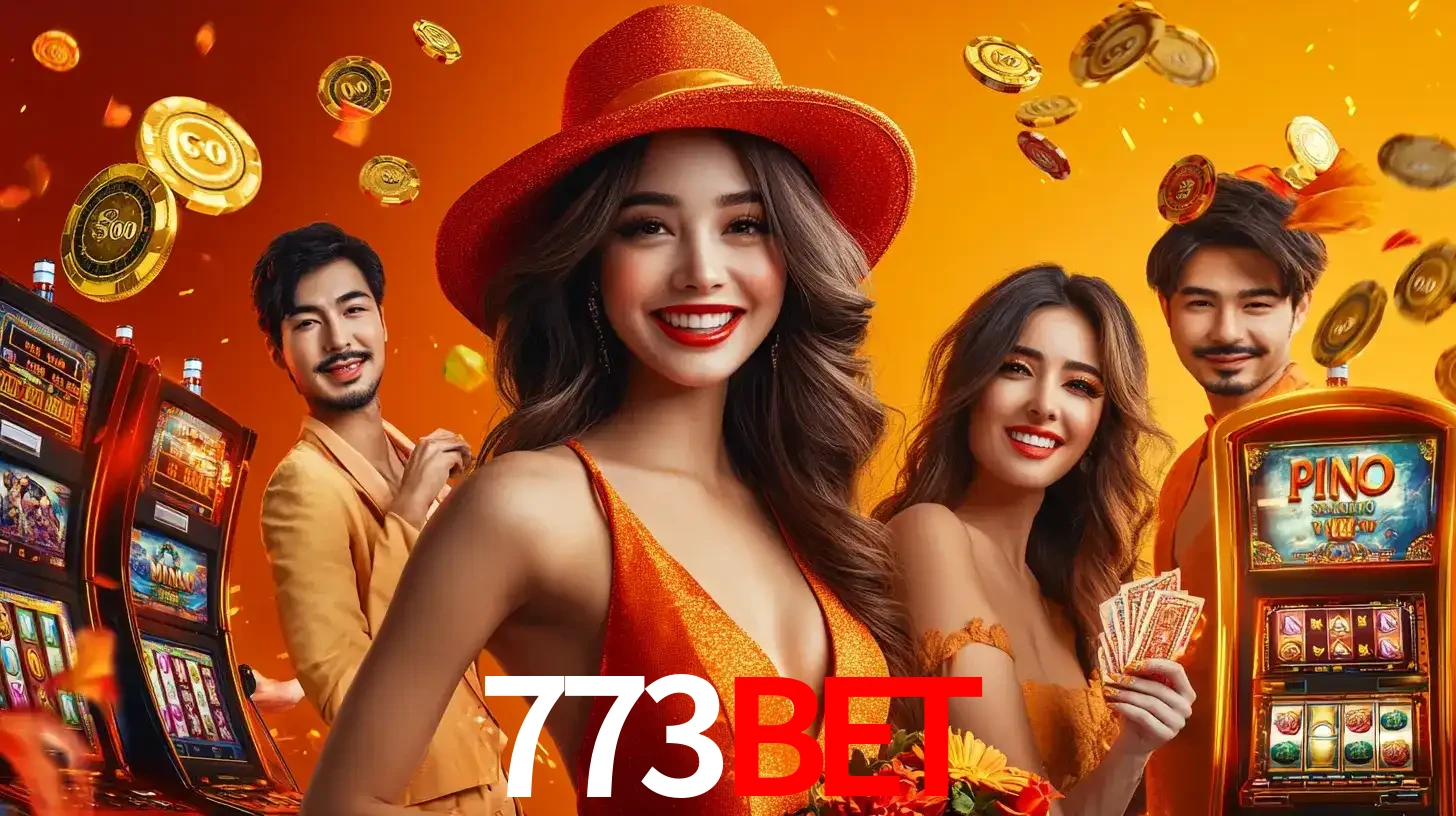Grupo de amigos asiáticos sorrindo e se divertindo com máquinas de caça-níqueis em um ambiente festivo, celebrando suas vitórias nos jogos de cassino do 773bet.