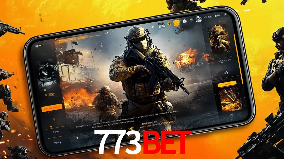 Um smartphone exibindo a interface de um jogo de tiro em primeira pessoa, com um soldado em um cenário de batalha, representando a ação dos e-sports para apostar no 773bet.