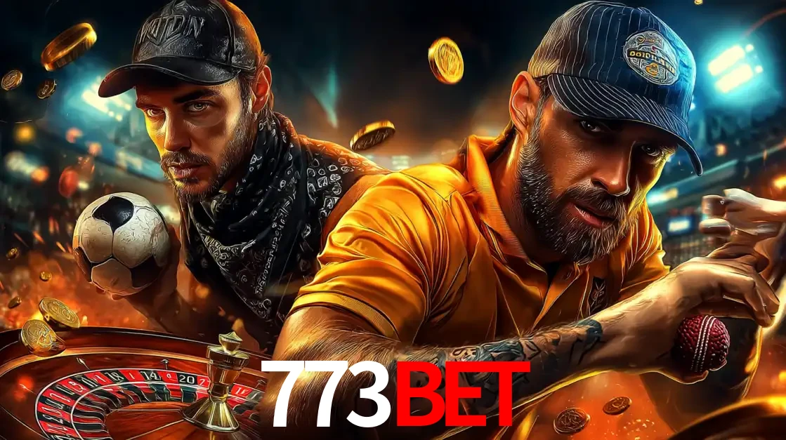 Montagem de apostas esportivas e cassino no 773bet, com um homem segurando uma bola de futebol e outro uma de beisebol sobre uma roleta e moedas voadoras.