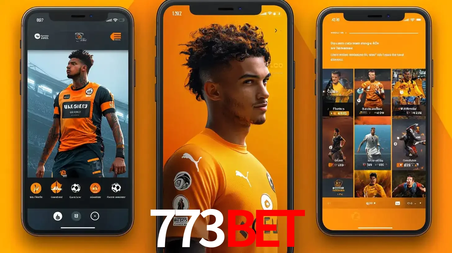 Interface do aplicativo de apostas esportivas 773bet em três telas de celular, mostrando o perfil de um jogador de futebol e a lista de jogos disponíveis para apostar.