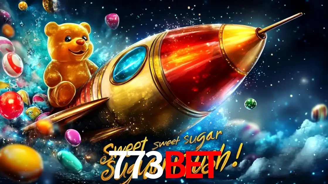 Arte promocional do jogo de slot Sugar Rush, com um urso de pelúcia em um foguete viajando pelo espaço de doces, um dos jogos divertidos disponíveis no cassino 773bet.