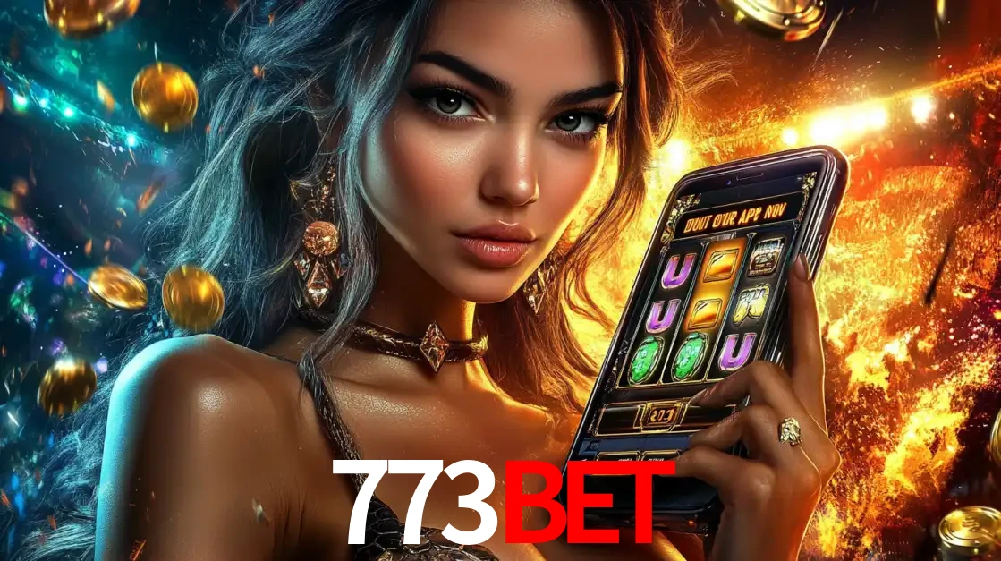 Mulher elegante mostrando um jogo de caça-níqueis em seu smartphone, destacando a experiência de cassino móvel oferecida pelo aplicativo 773bet.