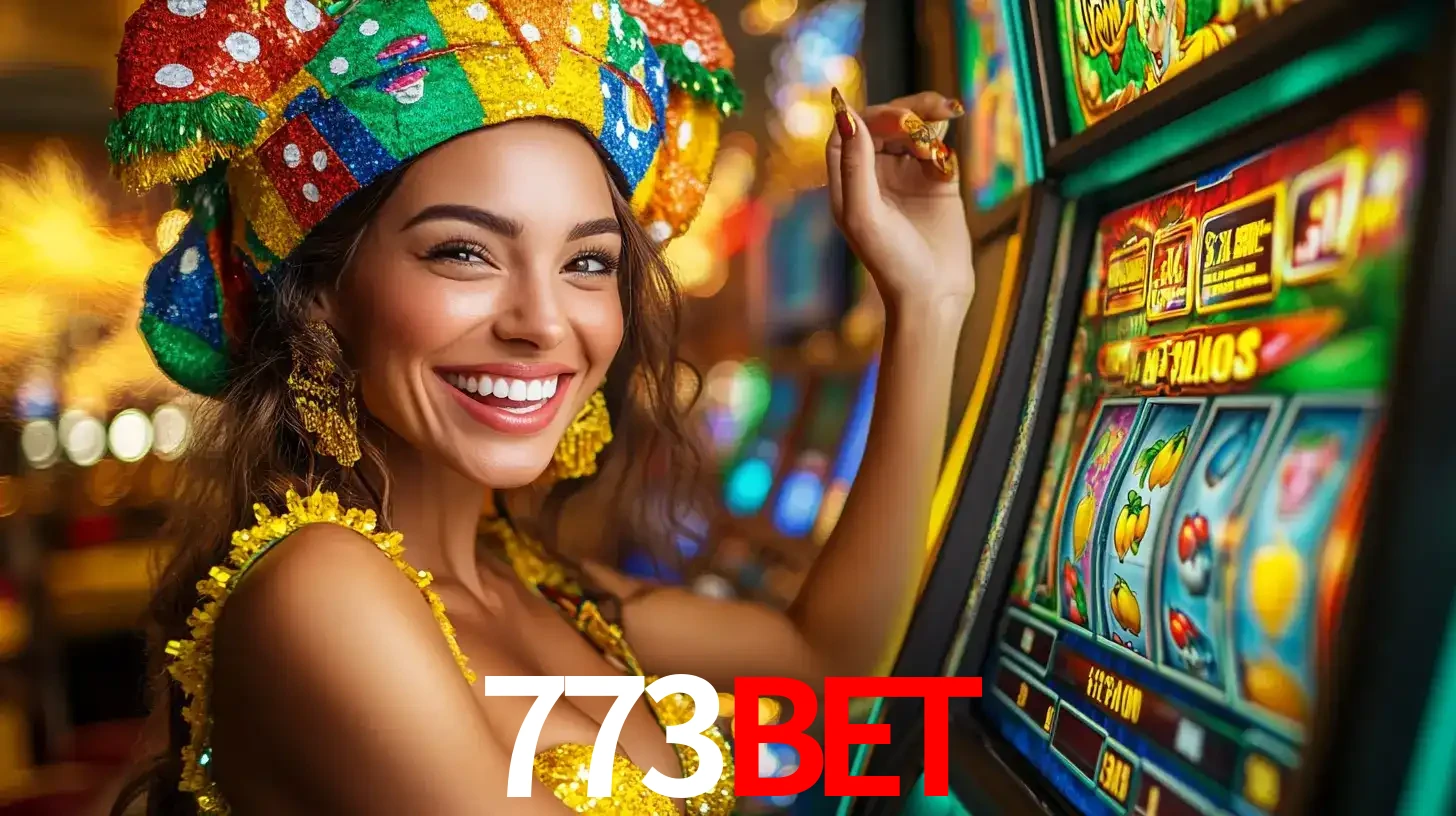 Mulher feliz com traje de carnaval amarelo e colorido ao lado de uma máquina de caça-níqueis, aproveitando a diversão e os jogos temáticos do cassino 773bet.