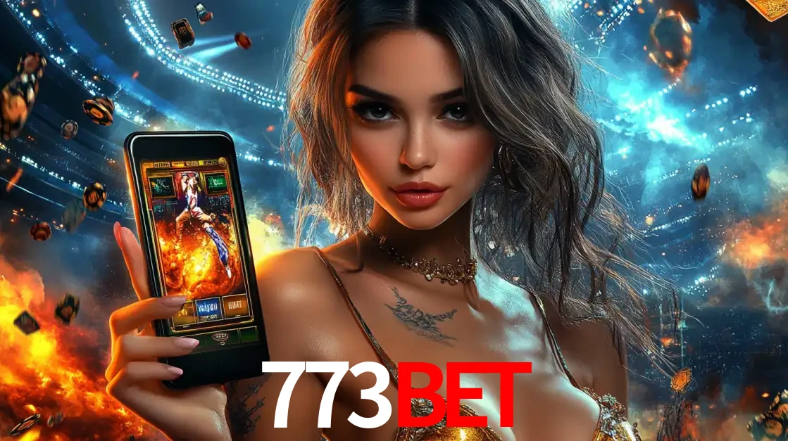 Mulher segurando um celular com um jogo de slot em destaque, tendo como fundo um estádio vibrante, simbolizando a emoção de jogar no cassino móvel 773bet.
