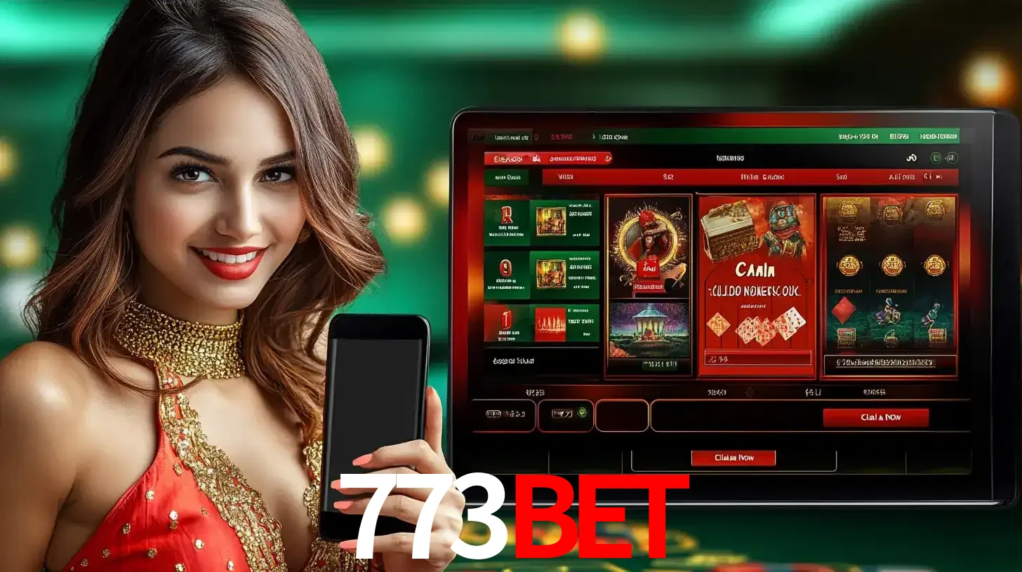 Mulher sorridente segurando um smartphone, ao lado de uma tela exibindo o lobby de jogos do cassino online 773bet, com várias opções de jogos de cartas e slots.